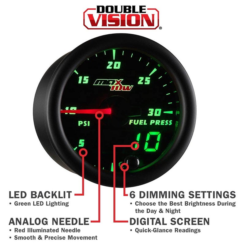 MaxTow Double Vision 30 PSI Fuel Pressure Gauge Kit - Includes Electronic Sensor - Black Gauge Face - Green LED Illuminated Dial - Analog & Digital Readouts - for Diesel Trucks - 2-1/16" 52mm - Image 4